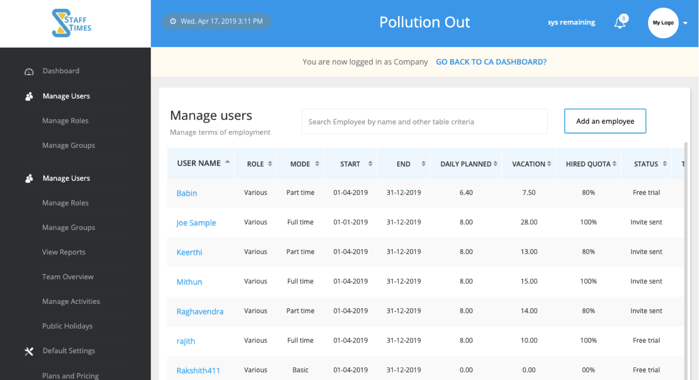 Dashboard for managing users and employees