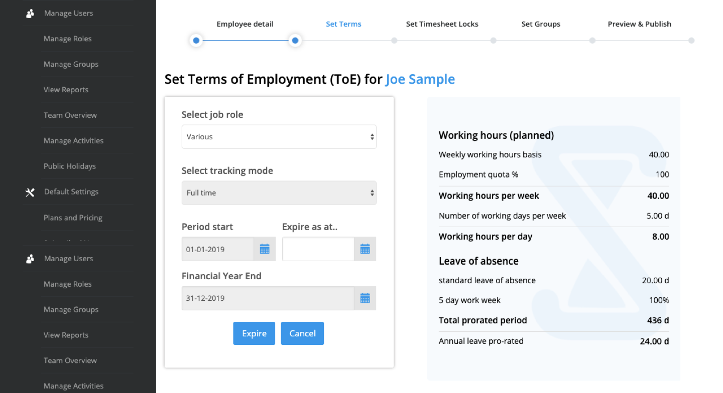 Setting Dashboard for Terms of Employment