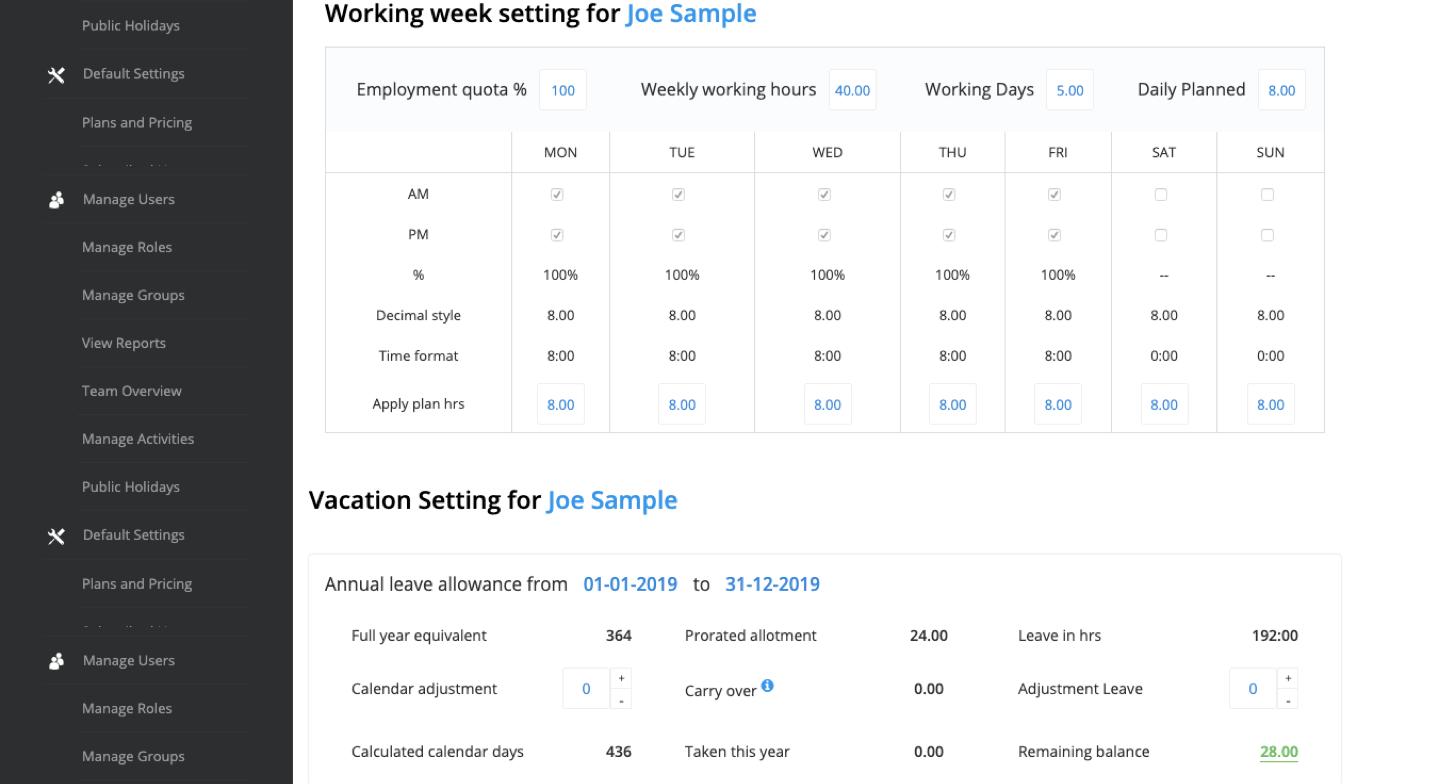 Dashboard for working week and vacation settings